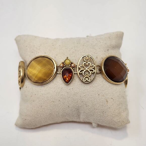 Oval Panel Earth Tone Faceted Rhinestone Bracelet Gold Tone Brown Yellow Jewelry - Picture 1 of 5